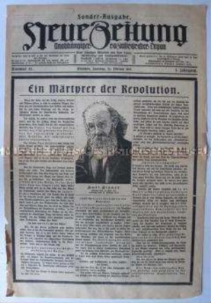 Sonderausgabe der regionalen Tageszeitung der USPD "Neue Zeitung" zur Ermordung von Kurt Eisner