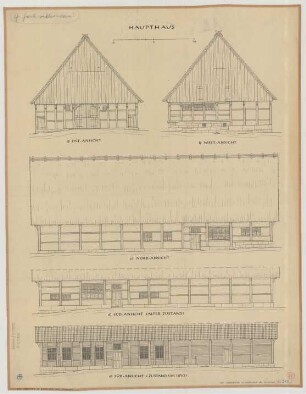 Wadelheim bei Rheine (Kreis Steinfurt): Hof Horstmann. Haupthaus (Grundriss, Ansicht, Schnitt)