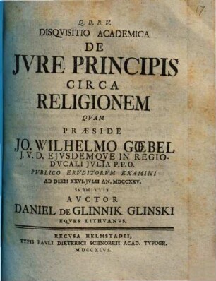 Disqvisitio Academica De Jvre Principis Circa Religionem