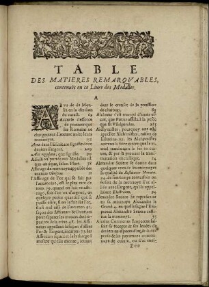Table Des Matieres Remarquables, contenuës en ce Livre des Medalles.