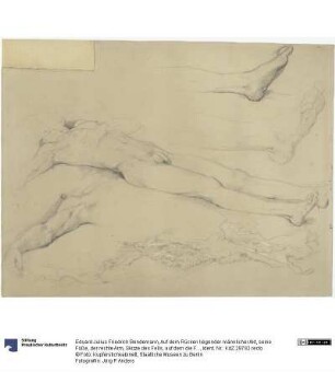 Auf dem Rücken liegender männlicher Akt, seine Füße, der rechte Arm, Skizze des Fells, auf dem die Figur im Gemälde liegt (Studie zu "Der Tod Abels")