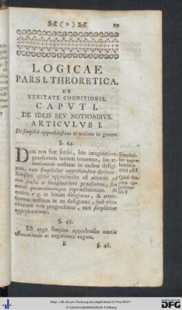 Logicae Pars I. Theoretica. De Veritate Cognitionis.
