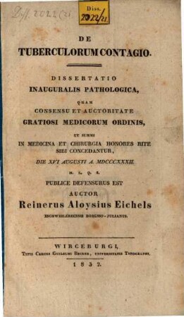 De tuberculorum contagio : Dissertatio inauguralis pathologica