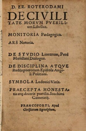 D. Er. Roterodami De Civilitate Morvm Pverilium Libellus