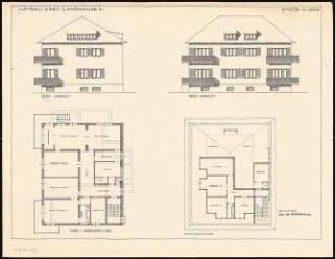Umbau eines Landhauses Monatskonkurrenz Februar 1933: Grundriss Erdgeschoss (= Obergeschoss), Dachgeschoss, Aufriss Südansicht, Ostansicht 1:100