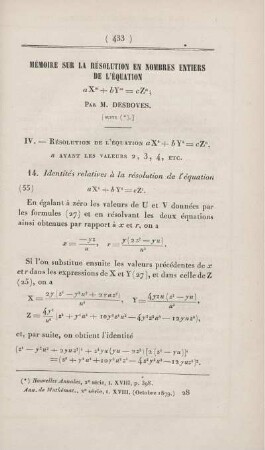 Mémoire sur la résolution en nombres entiers de l'équation ... [Fortsetzung]