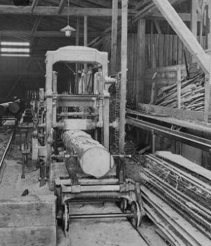 Abschwarten der Blöcke zur Herstellung von Brettern bestimmter Breite : Technikgeschichte | Technologie | Holzgewinnung und Bearbeitung