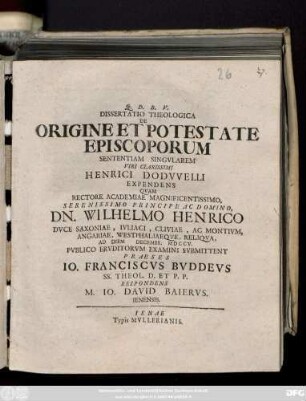 Dissertatio Theologica De Origine Et Potestate Episcoporum