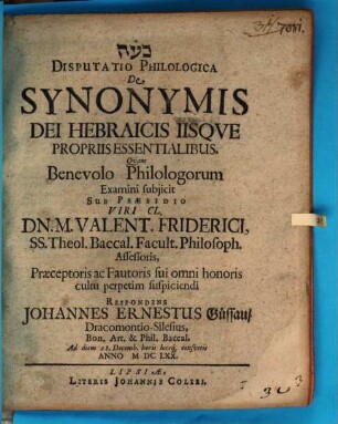 Disp. philol. de synonymis Dei Hebraicis, iisque propriis essentialibus