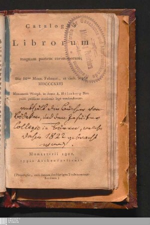 Catalogus Librorum magnam partem rarissimorum : Die IIItio Mens. Februar., et dieb. seqq. MDCCCXXIII