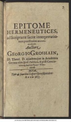 Epitome Hermeneutices, ad Scripturae sacrae interpretationem potissimum accommodatae