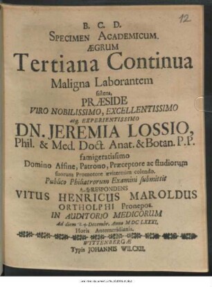 Specimen Academicum Aegrum Tertiana Continua Maligna Laborantem sistens