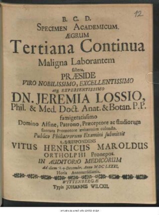 Specimen Academicum Aegrum Tertiana Continua Maligna Laborantem sistens
