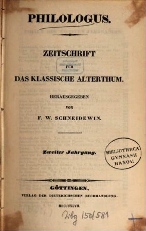 Philologus : Zeitschrift für antike Literatur und ihre Rezeption. 2. 1847