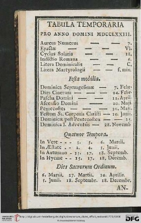 Tabula Temporaria pro Anno Domini MDCCLXXIII