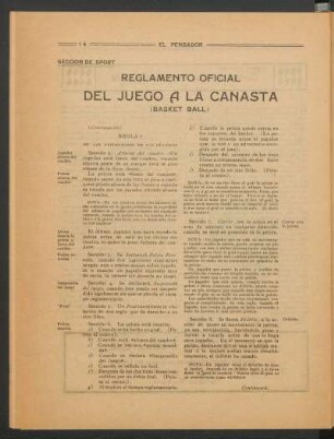 Reglamento oficial del juego a la canasta (basket ball) - [Continuación] : Sección de sport