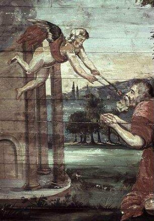 Bildfeld zwischen den Fenstern: Die Reinigung Jesajas durch den Engel mit der glühenden Kohle (Jesaja 6:5-13)