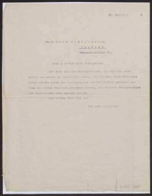 Schreiben an Hans Schuppmann, Westend (Brief)