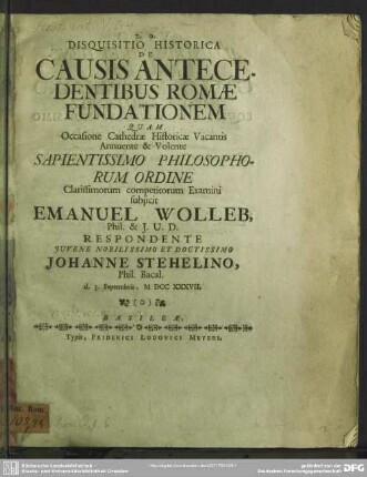 Disquisitio Historica De Causis Antecedentibus Romae Fundationem