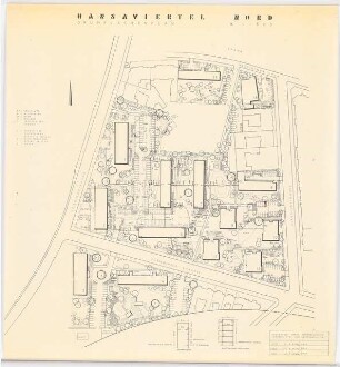Grünflächen Wohngebiet Hansaviertel-Nord, Berlin-Tiergarten: Lageplan mit Grünflächenplan 1:500, Abmessungen Kiesparkplätze und Schotterrasenparkplätze