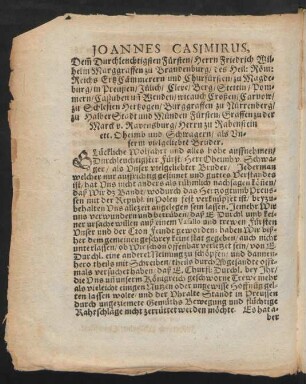 Joannes Casimirus, Dem[m] Durchleuchtigsten Fürsten/ Herrn Friedrich Wilhelm Marggraffen zu Brandenburg ...