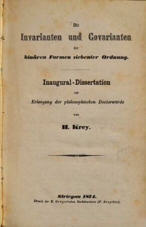 Die Invarianten und Covarianten der binären Formen siebenter Ordnung : Inaug. Diss.
