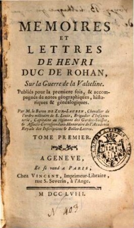 Mémoires et lettres sur la guerre de la Valteline, T. 1