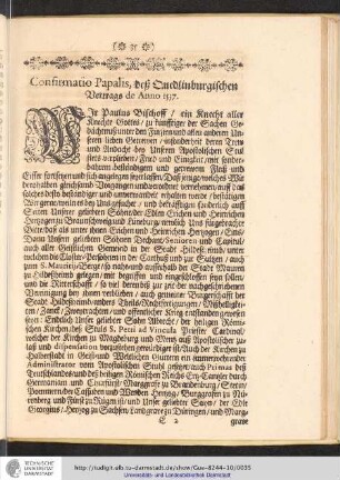 Confirmation Papalis, des Quedlinburgischen Vertrags de Anno 1537.
