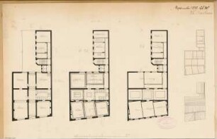 Pfarrhaus Monatskonkurrenz September 1879: Grundriss Erdgeschoss, 1. und 2. Obergeschoss; Maßstabsleiste; Dachgeschoss und Dachaufsicht (in kleinerem Maßstab)