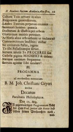 III. Programma quo ad recolendam memoriam B. M. Joh. Christiani Geyeri invitat Decanus Facultatis Philosophicae.