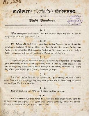 Trödler- (Vorkäufer-) Ordnung für die Stadt Bamberg