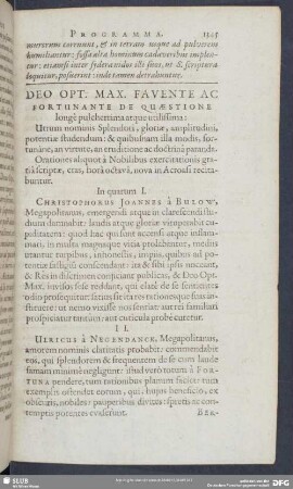 Deo Opt. Max. Favente Ac Fortunante De Quaestione longe pulcherrima atque utilissima
