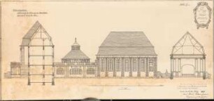 Erziehungsheim Schinkelwettbewerb 1909: Unterrichtsgebäude. Seitenansicht Aula und Wandelhalle mit Querschnitt durch die Aula 1:150