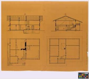 Mittelberg (Kleinwalsertal, [Landkreis Sonthofen]): Hof Moosbrugger. Haupthaus (Längsschnitt, Querschnitt, zwei Grundrisse)
