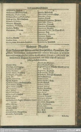 Anderes Register Derer Nahmen und Wörter aus der Frantzösischen, Spanischen, Englischen, Italiänischen, Holländischen und anderen Sprachen, ... unterschiedenen Namen benennet wird, und solche nicht alle im Lexico selbst zu befinden wären