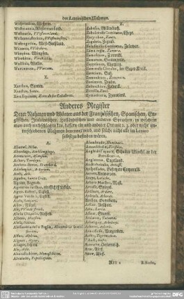 Anderes Register Derer Nahmen und Wörter aus der Frantzösischen, Spanischen, Englischen, Italiänischen, Holländischen und anderen Sprachen, ... unterschiedenen Namen benennet wird, und solche nicht alle im Lexico selbst zu befinden wären