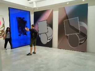 Venedig - Besucher der Biennale : Besucher betrachten und fotografieren zeitgenössische Kunstwerke in der Biennale von Venedig. Aufgenommen am 6. August 2011