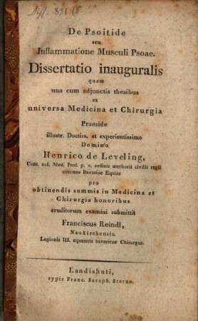 De psoitide, seu inflammatione musculi psoae : diss. inaug., unacum adiectis thesibus