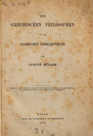 Die griechischen Philosophen in der arabischen Überlieferung
