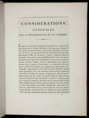 Considérations Géneralies Sur La Polarisation De La Lumiére.