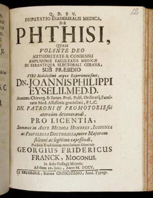 Disputatio Inauguralis Medica, De Phthisi