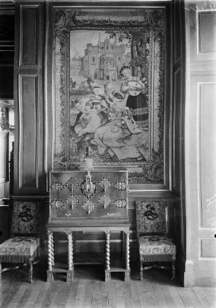 Tapisserie mit einer Darstellung eines Konzertes im Freien (Monatsbild April)
