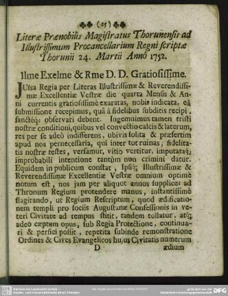 Literae Praenobilis Magistratus Thorunensis ad Illustrissimum Procancellarium Regni scriptae Thorunii 24. Martii Anno 1752