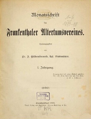 Monatsschrift des Frankenthaler Altertumsvereins. 1. 1893
