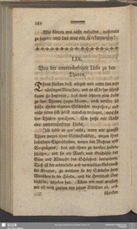 LIX. Von der unvernünftigen Liebe zu den Thieren