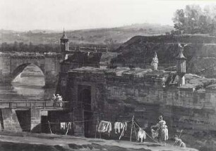 Dresden vom linken Elbufer unterhalb der Festungswerke : Wäsche aufhängen, Gemäldeausschnitt, 1748