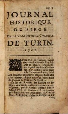 Journal Historique Du Siege De La Ville Et De La Citadelle De Turin l'Année 1706 : Avec le veritable Plan