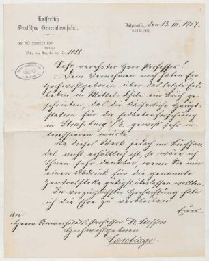 Brief des Kaiserlich Deutschen Generalkonsulats an Hans Steffen