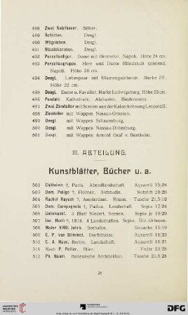III. Abteilung. Kunstblätter, Bücher u. a. (Nr. 502-753)