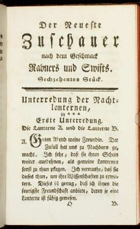 Der neueste Zuschauer nach dem Geschmack Rabners und Swifts. Sechzehentes Stück.